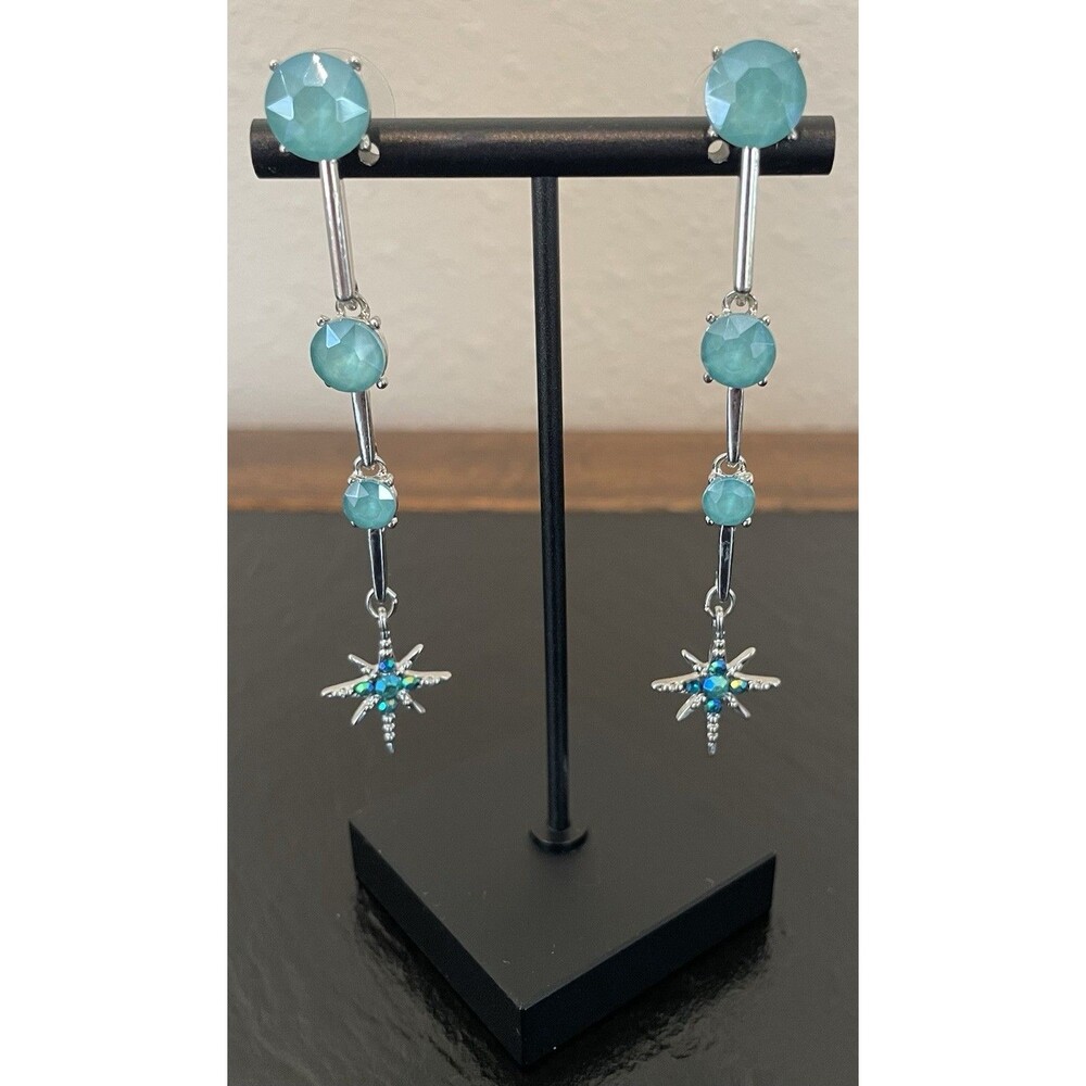 Icy Blue North Star Aurora Borealis Silvertone Long Earrings Holiday Party Women